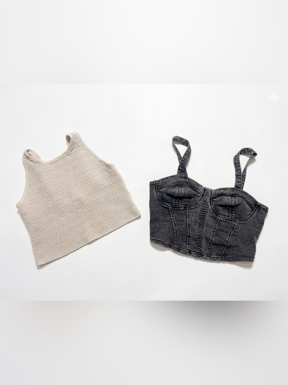 Set of 3: Beige La Hearts knit top, black denim bustier, silver top